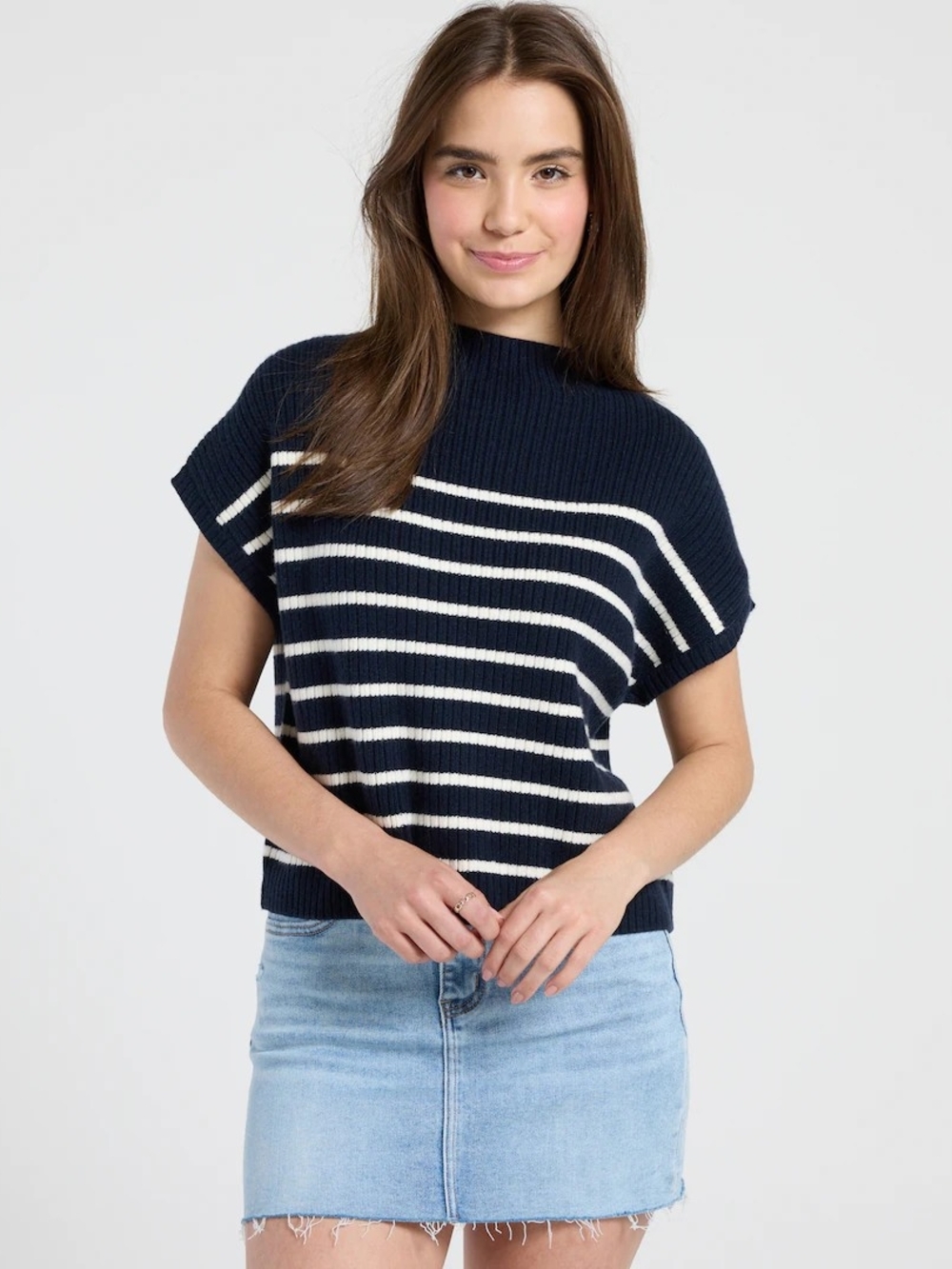 Blu Pepper Navy & White Striped Ribbed Short-Sleeve Sweater